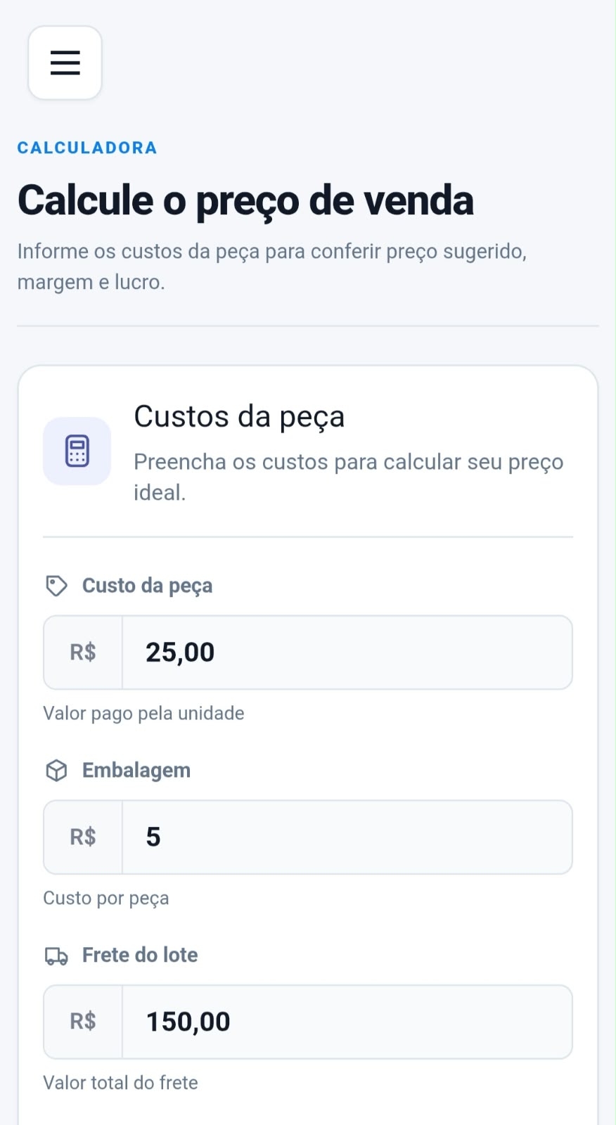 Calculadora de precificação de roupas do Precifiki na versão para celular