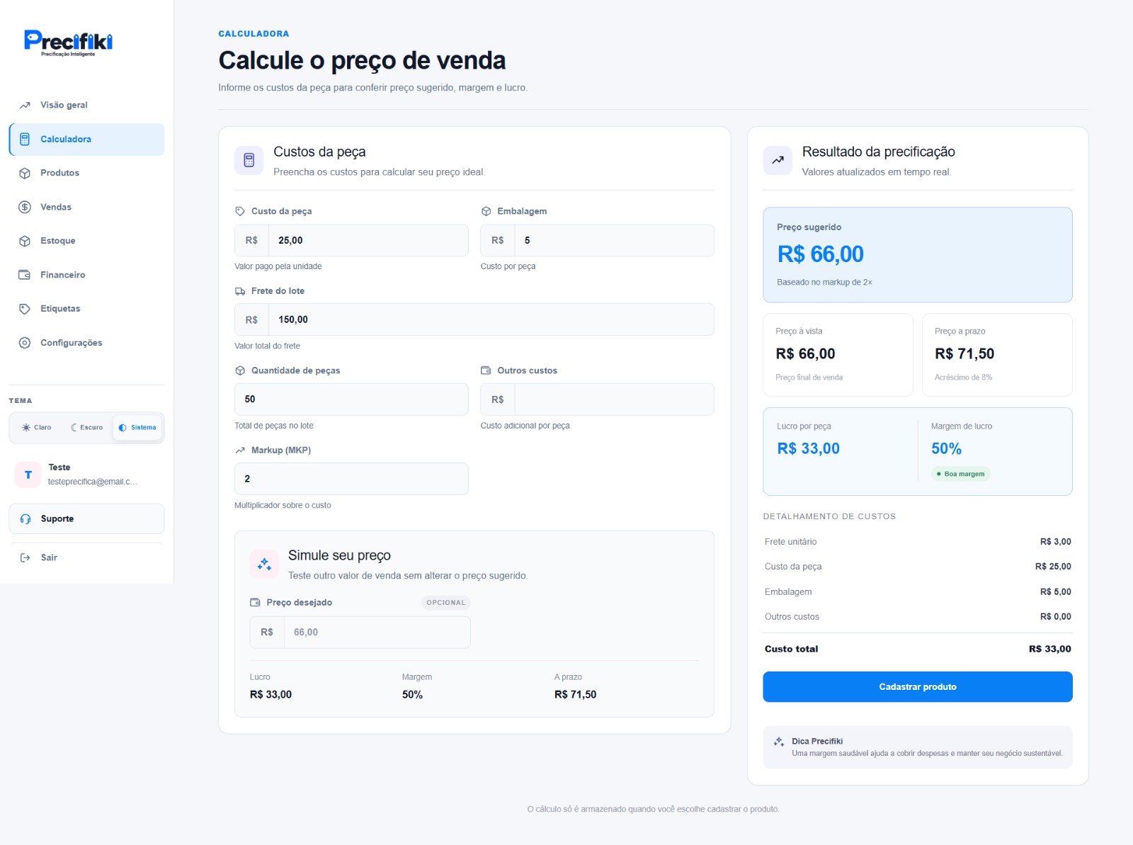 Calculadora de precificação de roupas do Precifiki aberta no computador