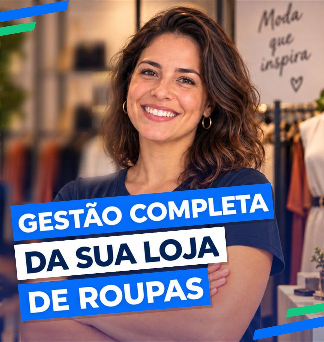 Lojista sorrindo de braços cruzados em sua loja, com a frase Gestão completa da sua loja de roupas